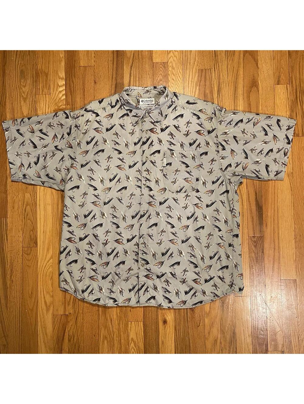 Columbia Fly Fishing Lure All Over Print SS Button Up Shirt Mens XXL 100% Cotton